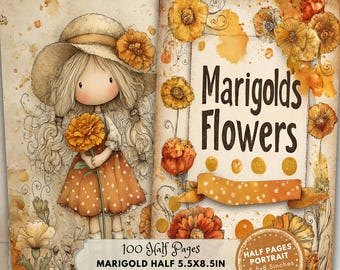 Marigold Ephemera Printable Kit, Vintage Digital Download Half Pages, Scrapbook Supplies, Crafting Art
