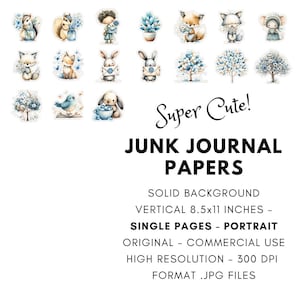 May include: A collection of watercolor-style stickers featuring woodland animals, trees, and plants in soft blue and beige tones. The text "Super Cute!" and "Junk Journal Papers" are also included.