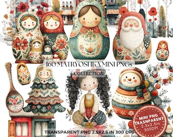 Matryoshka Clipart: Russian Nesting Doll Christmas PNG (Digital Download, 2.5x2.5 in)