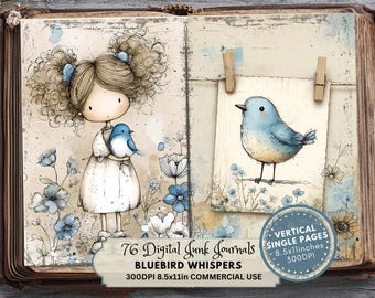 Könnte beinhalten: Ein digitaler Junk-Journal-Doppelseiten-Aufstrich mit Illustrationen eines Mädchens und eines blauen Vogels sowie ein separates Bild eines blauen Vogels. Das Journal enthält blaue Blumenakzente und den Text "Bluebird Whispers". Die Seiten sind 21,59 cm x 27,94 cm groß.
