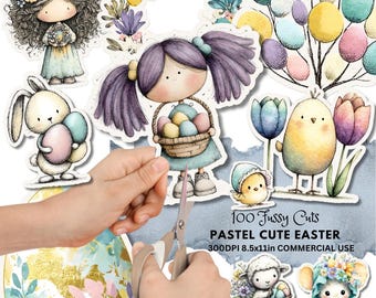 Pastel Easter Fussy Cuts: Spring Season Stickers with Eggs and Bunnies (Digital Download)