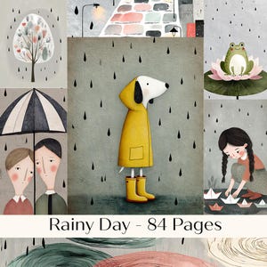 Rainy Day Junk Journal Kit, Digital Ephemera, Printable Craft Supplies, Minimalist Illustration, Instant Download, Spring Ephemera, Cartoon