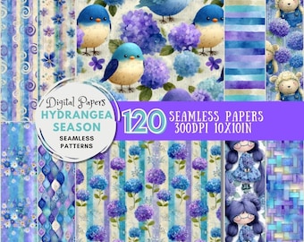 Hydrangea Seamless Papers, Watercolor Floral Digital Backgrounds, Commercial Use, Crafting & Scrapbooking