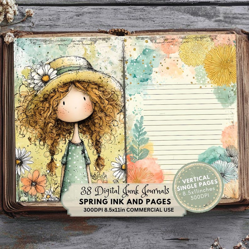 cute girl with hat and flower, Bright Spring Junk Journal Kit, Colorful Printable Ephemera, Digital Scrapbook Pages for Creative Projects, Ink and Pages Spring Girls