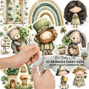 May include: A collection of St. Patrick's Day themed stickers featuring illustrations of a leprechaun, bear, bunny, girl, and other characters. The stickers have a watercolor style with green, gold, and brown colors. Text on the image reads "150 Fussy Cuts".