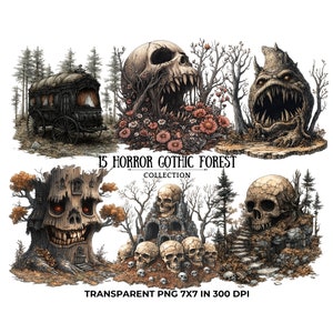 Puede incluir: Una colección de 15 ilustraciones digitales que representan escenas de bosque gótico con calaveras, árboles y un carruaje. Las ilustraciones están en un estilo oscuro y espeluznante, perfectas para Halloween o proyectos con temática gótica.  "15 Horror Gothic Forest Collection" y "Transparent PNG 7x7 in 300 DPI" están escritos en la imagen.