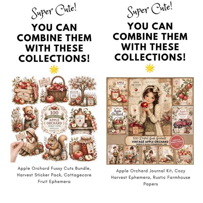 May include: A digital collage sheet set featuring Apple Orchard themes. The left side displays various cutouts including a teddy bear, a squirrel, and baskets of apples. The right side shows a journal kit with a girl holding an apple and vintage paper designs.