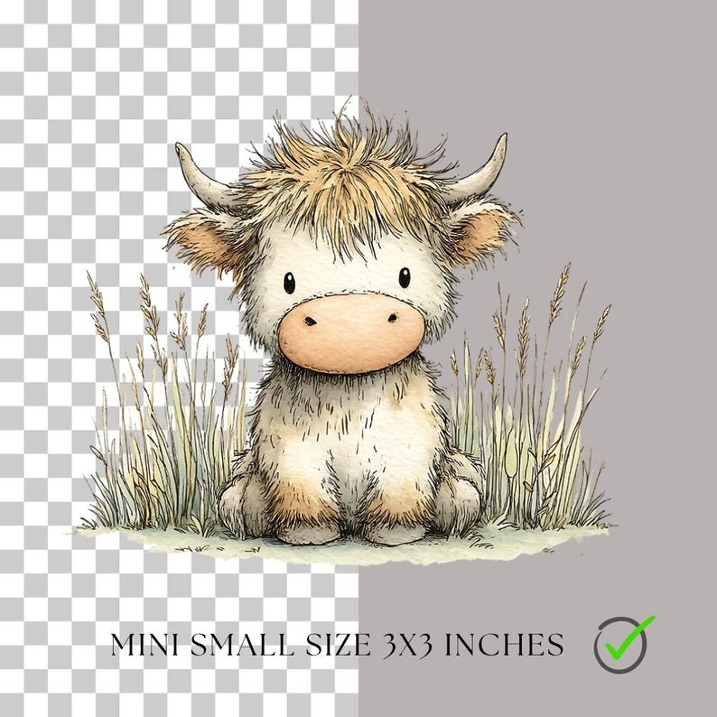 May include: A watercolor illustration of a Highland cow calf, featuring a fluffy white and tan coat, sitting in tall grass. The calf has small horns and a light brown nose. The text at the bottom reads "MINI SMALL SIZE 3X3 INCHES".