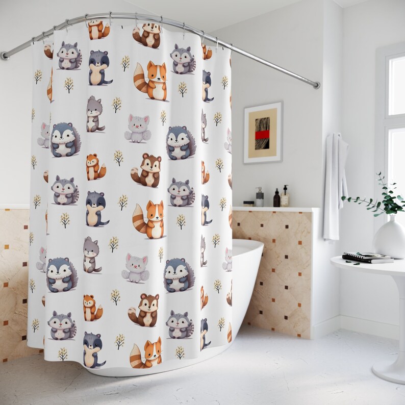 May include: White shower curtain with a repeating pattern of cartoon woodland animals, including raccoons, squirrels, foxes, and owls. The animals are all in different poses and have different expressions. The background is white with small yellow flowers and green leaves.