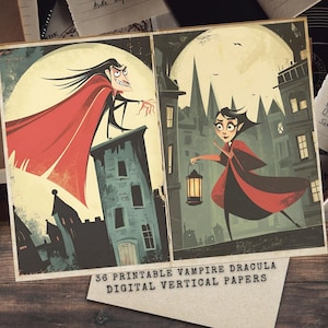 Papeles de vampiros para diario basura imprimibles, material efímero digital de Halloween, kit de manualidades góticas, descarga instantánea, estilo de dibujos animados lindo