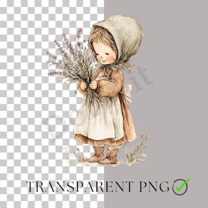May include: Watercolor illustration of a young child in a bonnet and dress, holding a bundle of lavender. The image has a vintage aesthetic with soft colors and a transparent background. The text "TRANSPARENT PNG" is at the bottom.