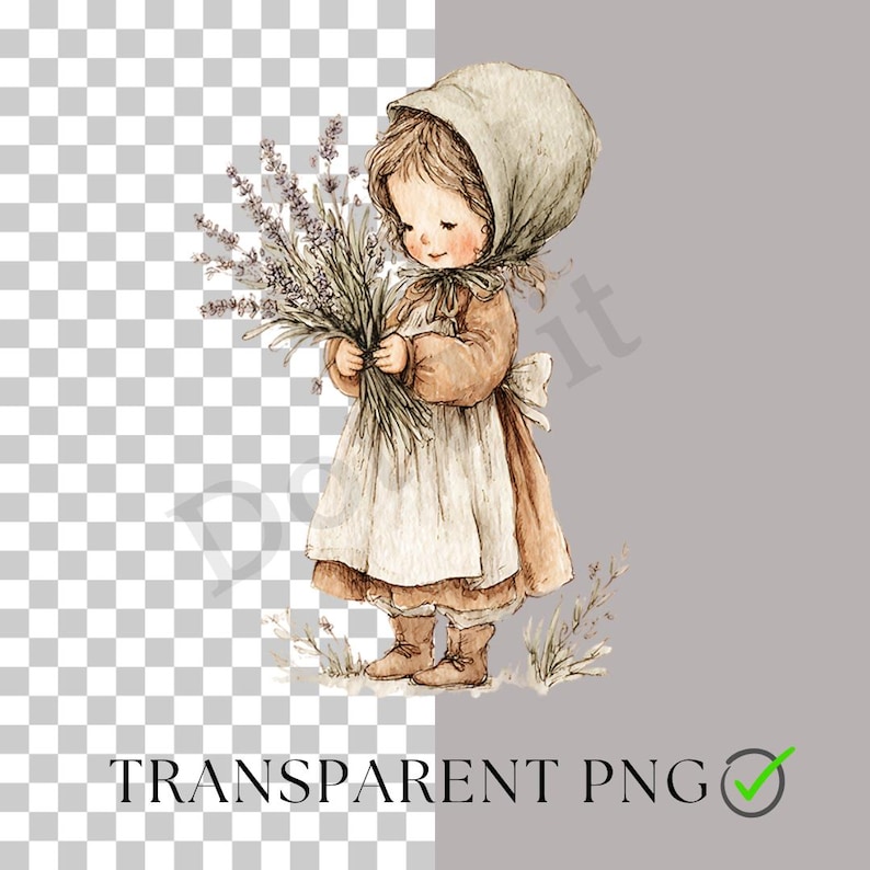 May include: Watercolor illustration of a young child in a bonnet and dress, holding a bundle of lavender. The image has a vintage aesthetic with soft colors and a transparent background. The text "TRANSPARENT PNG" is at the bottom.