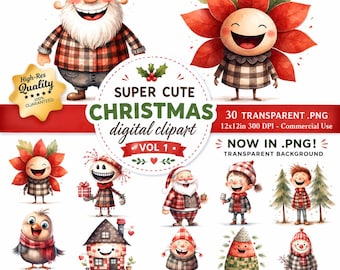 30 Weihnachten Charakter Clipart: Weihnachtsmann, Schneemann, Rentier (PNG, Instant Download)