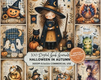秋のハロウィンジャーナルキット、魔女と幽霊のページ、カボチャモンスターのエフェメラ、子供向けの不気味な印刷物