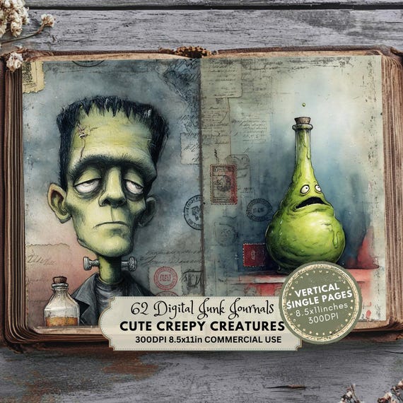 Frankenstein Junk Journal Kit: Halloween Scrapbook Ephemera, Creepy Creatures Caricatures Pages (Digital Download)