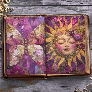 Pink Patchwork Junk Journal Pages, Textile Mix with Embroidery, Digital PRINTABLE, Collage, Fabric Papers, Vintage Journal Kit Pages
