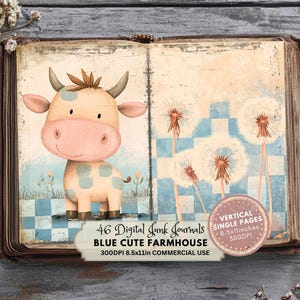 Joli kit bleu de journal indésirable de la vie à la ferme, documents éphémères numériques rustiques, pages de scrapbooking imprimables, collage vivant à la campagne, art de la nature, coq, vaches