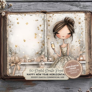 Pode incluir: Ilustração digital de uma mulher em um vestido dourado segurando uma taça de champanhe, em um cenário de estrelas douradas e uma cena de janela. A imagem é emoldurada em um livro aberto, com o texto "Happy New Year Horizontal".