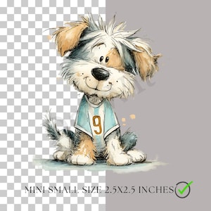 May include: A watercolour illustration of a smiling dog wearing a light blue jersey with the number 9. The dog has white, brown, and grey fur. The text "MINI SMALL SIZE 6.35X6.35 CM" is at the bottom.
