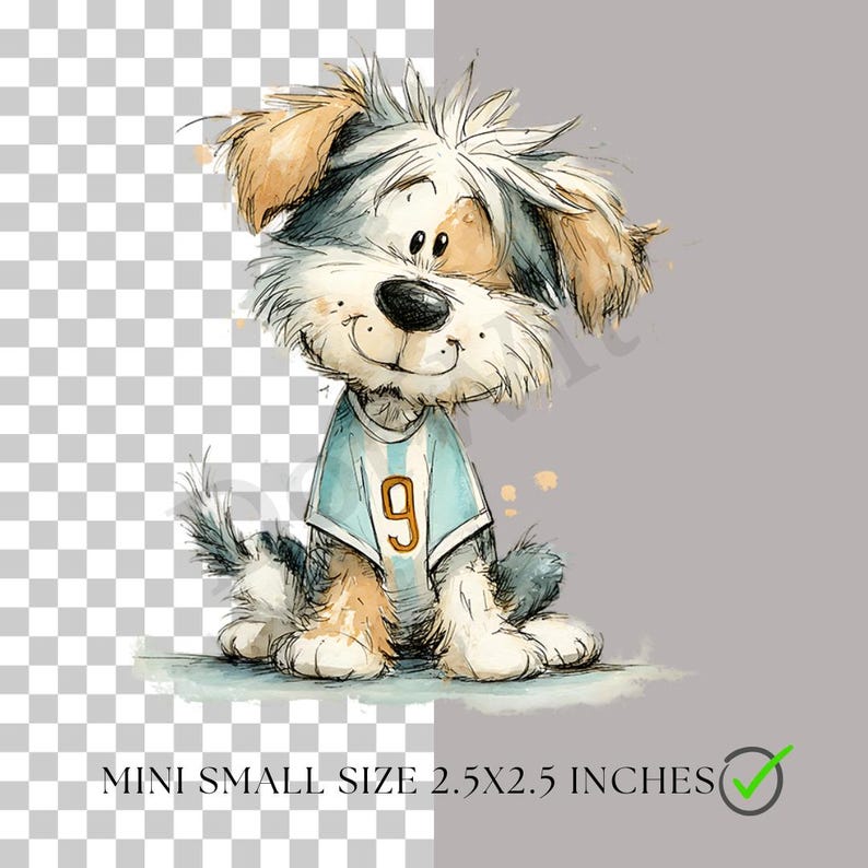 May include: A watercolour illustration of a smiling dog wearing a light blue jersey with the number 9. The dog has white, brown, and grey fur. The text "MINI SMALL SIZE 6.35X6.35 CM" is at the bottom.