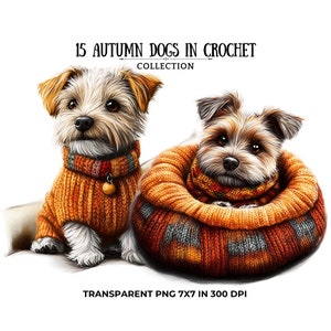 15 imágenes prediseñadas de perro de otoño PNG / Cachorro acogedor de otoño con trajes de punto para sublimación, amantes de los perros, diseños de Acción de Gracias / Imágenes prediseñadas de perro lindo PNG