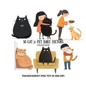 Vector Cat Pet Daily Activities - Kitten Art - Digital Download for Scrapbooking - Cute Cat PNGs - PNG Clipart for Goodnotes - Cute Cats PNG