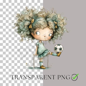 May include: A watercolour illustration of a girl with curly hair, wearing a teal dress and socks, kicking a football. The girl is in front of a small goal net. The image has a transparent background with the text "TRANSPARENT PNG".