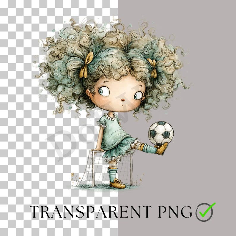 May include: A watercolour illustration of a girl with curly hair, wearing a teal dress and socks, kicking a football. The girl is in front of a small goal net. The image has a transparent background with the text "TRANSPARENT PNG".