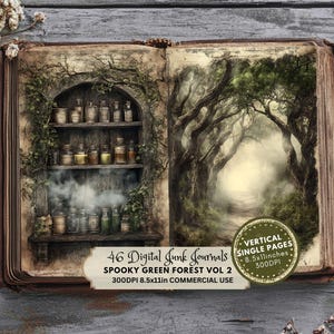 Enchanted Forest Pages Junk Journal Vol 2, Scrapbookpapier, Digitaal papier, Halloween, Gothic, Groene Spooky Woods-pagina's, Verouderd oud papier