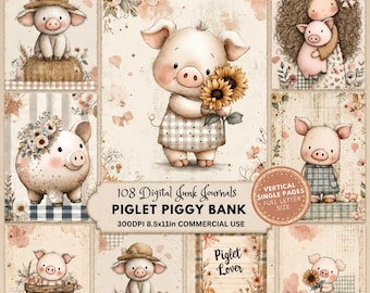 Piglet Junk Journal Kit, Piggy Bank Pages, Farmhouse Cottage Ephemera, Rustic Farm Printables