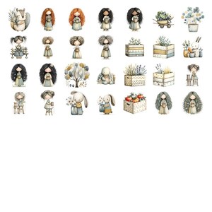 K&ouml;nnte beinhalten: Aquarellillustrationen von skurrilen Figuren und Objekten. Die Sammlung umfasst Figuren mit langen Haaren, Hasen, ein Eichh&ouml;rnchen und verschiedene dekorative Elemente wie Pflanzen und Kisten. Die Farbpalette ist weich, mit ged&auml;mpften T&ouml;nen und zarten Details.
