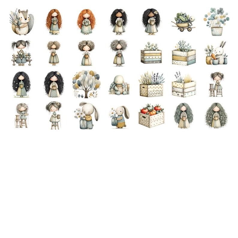 K&ouml;nnte beinhalten: Aquarellillustrationen von skurrilen Figuren und Objekten. Die Sammlung umfasst Figuren mit langen Haaren, Hasen, ein Eichh&ouml;rnchen und verschiedene dekorative Elemente wie Pflanzen und Kisten. Die Farbpalette ist weich, mit ged&auml;mpften T&ouml;nen und zarten Details.