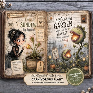 Może przedstawiać: Otwarta książka z cyfrowymi ilustracjami postaci o ciemnych włosach w czarnej sukience, wchodzącej w interakcję z rosiczką, wraz z tekstem zawierającym Little Sundew Big Appetite oraz A Boo-tiful Garden where even the SCARIEST things just want a little hug.