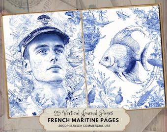 Coastal Junk Journal Kit: Vintage Ocean Ephemera, Blue Ink Illustration Style, Toile de Jouy