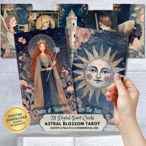 Puede incluir: Un conjunto de cartas de tarot digitales con ilustraciones de figuras y cuerpos celestes. Las cartas tienen un fondo azul oscuro con detalles dorados y rosas. El texto "Queen of Wands" y "The Sun" es visible. El conjunto incluye 78 cartas.