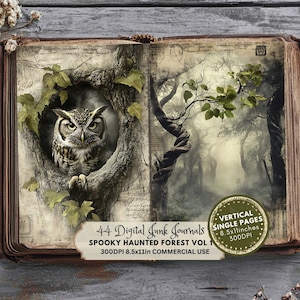 Spooky Forest Pages Junk Journal Vol 1, Scrapbookpapier, Digitaal papier, Halloween, Gothic, Green Enchanted Woods-pagina's, Verouderd oud papier