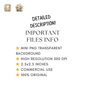 May include: Digital art featuring two watercolor illustrations: a window with flowers and a basket of flowers. Text reads "DETAILED DESCRIPTION! IMPORTANT FILES INFO" and details the file as a mini PNG, 2.5x2.5 inches.