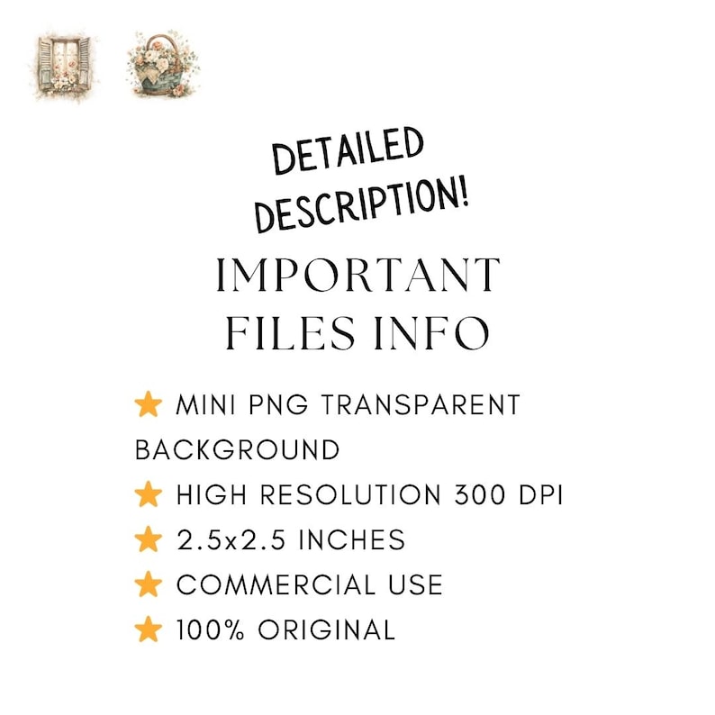 May include: Digital art featuring two watercolor illustrations: a window with flowers and a basket of flowers. Text reads "DETAILED DESCRIPTION! IMPORTANT FILES INFO" and details the file as a mini PNG, 2.5x2.5 inches.