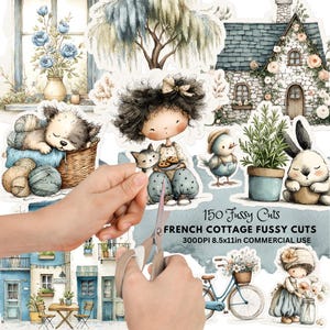 以下が含まれることがあります： フランスのコテージをテーマにした、水彩画風のステッカーのコレクション。ステッカーには、眠っている子犬、猫と女の子、コテージ、ウサギ、自転車のイラストが含まれています。「150 Fussy Cuts」と「French Cottage Fussy Cuts」の文字が見えます。
