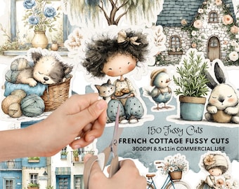 Francuski wiejski domek z wykrojami w stylu „Fussy Cuts”: Vintage Blue Floral Ephemera (pobranie cyfrowe, pełny rozmiar)