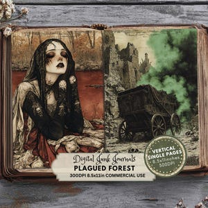 Kit imprimible de diario basura de bosque gótico rojo oscuro con no muertos, bosque embrujado, bestias de la plaga, esqueletos y brujas, y bosque encantado con niebla.