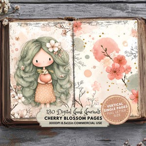 Può includere: Libro aperto con pagine di diario digitale. La pagina sinistra presenta una ragazza dei cartoni animati con i capelli verdi e un vestito color pesca che tiene una mela. La pagina destra ha fiori di ciliegio rosa. Testo: "130 Digital Junk Journals Cherry Blossom Pages".