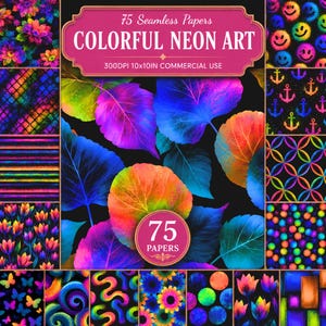 Puede incluir: Una colección digital de 75 papeles sin costuras titulada Colorful Neon Art, que presenta patrones de neón vibrantes sobre fondos negros, incluyendo hojas, caras sonrientes, anclas, formas geométricas, puntos, mariposas, espirales y flores.