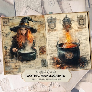 Manuscrits gothiques manuscrits vintage éphémères de journal de malbouffe de sorcière, collage numérique d'Halloween avec la sorcière, chaudron, sorcellerie magique