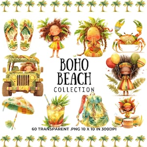 Boho Beach Clipart PNG Cyfrowe Pobieranie, Wakacyjna Akwarela, Boho Słodkie Dziewczyny, Boho Słodkie Zwierzęta, Rastafarian Clipart, Reggae Clipart, PNG