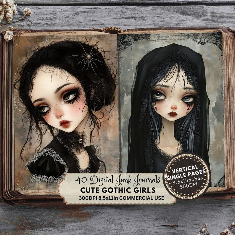 Gothic Doll Junk Journal Pages, Gothic Girl Ephemera, Cute Gothic Prints, Digital Paper, Scrapbook Paper, Dark Fantasy Cartoon