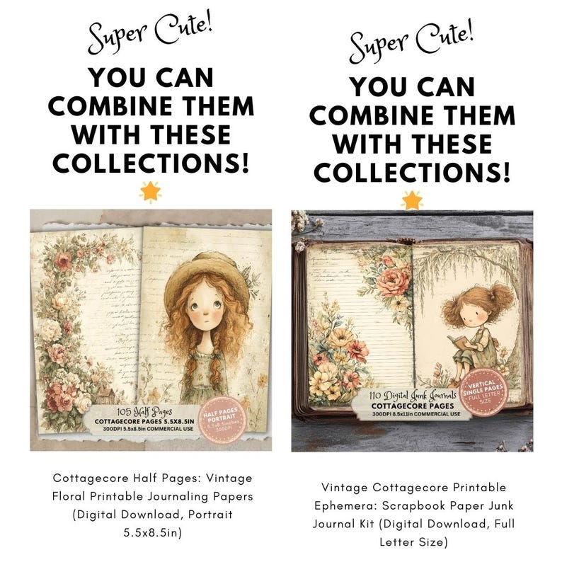 May include: Two digital download journal kits are displayed. The first shows a girl with curly hair in a hat, surrounded by floral elements. The second shows a girl reading under a tree. Text includes "Super Cute!" and product details.