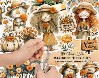 Marigold Flower Fussy Cuts, Digital Download Kit for Junk Journals, Printable Ephemera, Vintage Floral Craft Supplies