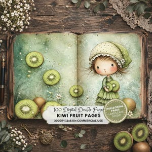 May include: An open book featuring watercolor illustrations of kiwi fruit slices and a small character wearing a polka-dot bonnet. The text reads 100 Digital Double Pages KIWI FRUIT PAGES 300DPI 11x8.5in COMMERCIAL USE and HORIZONTAL PAGES.