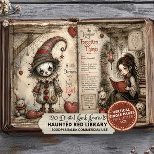 May include: An open book featuring illustrations of a clown in a red and grey striped hat and a person reading in a library. Text includes 'The Keeper of Forgotten Things', 'A little Darkness with a big Heart', and '120 Digital Junk Journals'.